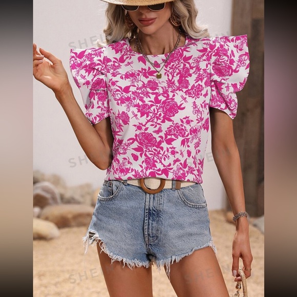 🫶 3 for $15! Size Medium NWOT Women Blouse Floral Puff sleeve blouse pink blouse - Picture 4 of 7